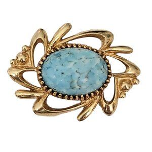 Bell Jewelry Blue Marbled Oval Glass Cabochon Brooch Pin, Signed